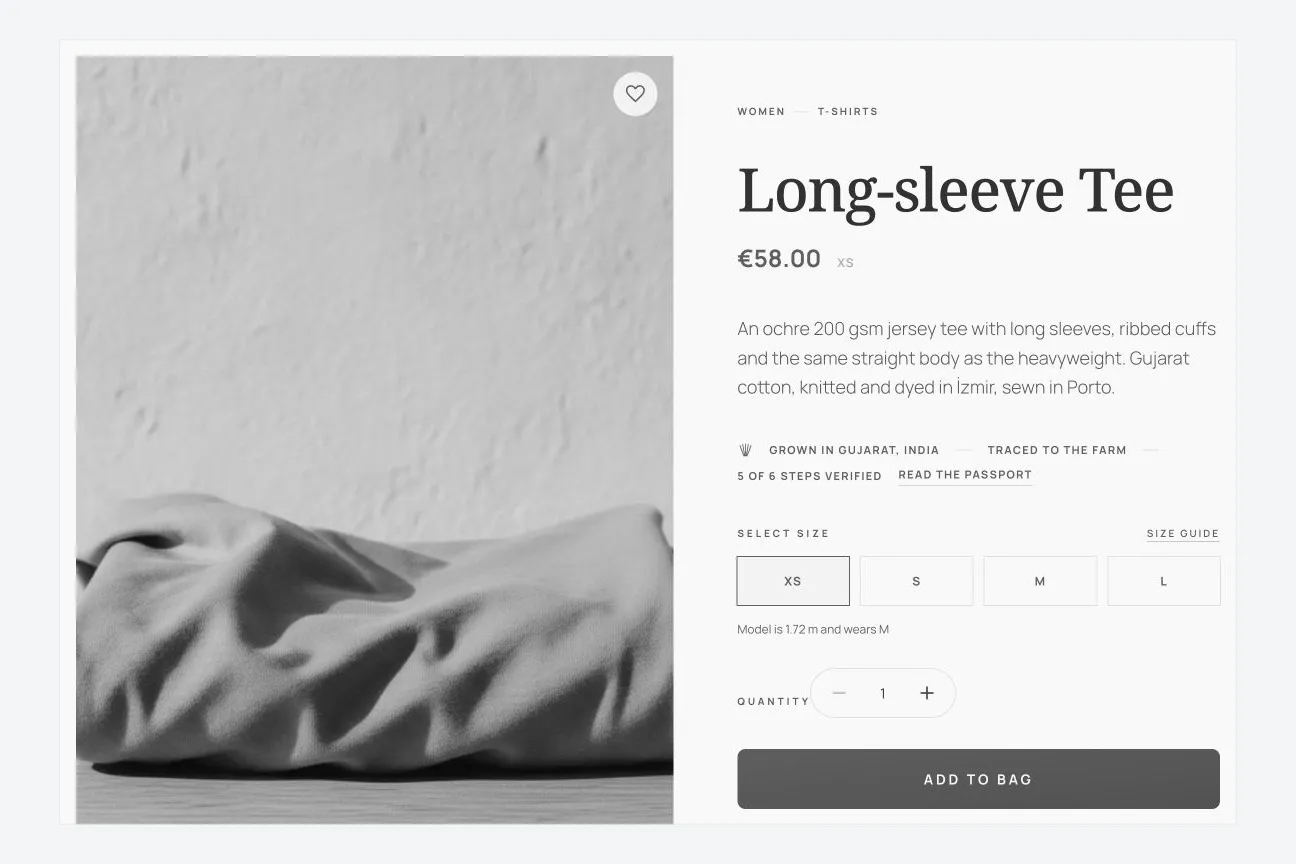 Staple product page showing a folded Long-sleeve Tee, product details, sizes and a link to its passport.